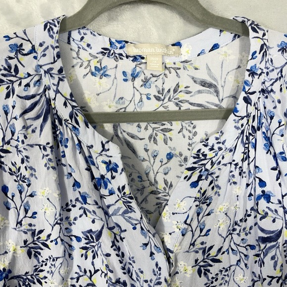 Woman Within Blue Floral Blouse Top Flowy Long Sleeve 2X Causal Coastal V-Neck - Picture 2 of 10